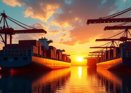 Containerstapel im Hafen bei Sonnenuntergang