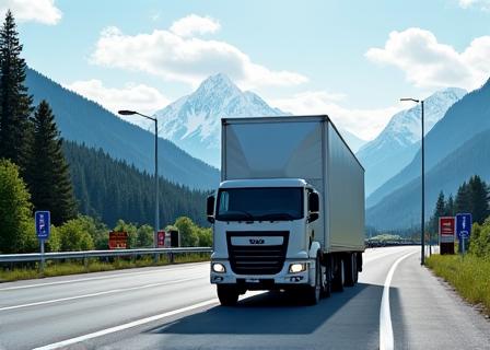 LKW überquert eine belebte Grenze mit Alpen im Hintergrund