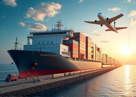 Zug, Schiff, LKW und Flugzeug, die multimodale Logistik symbolisieren